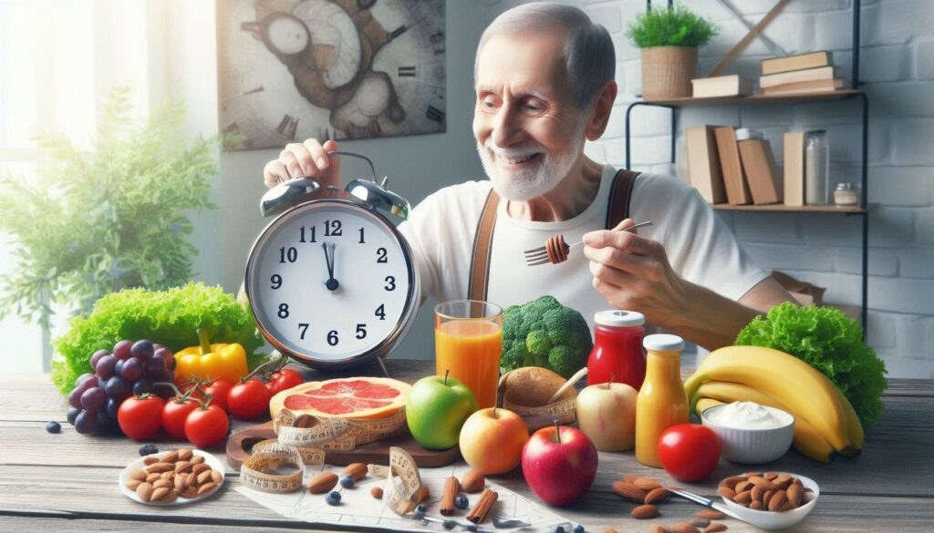 Usmievajúci sa senior, sedí za stolom v kuchyni  a na stole je ovocie a zelenina.