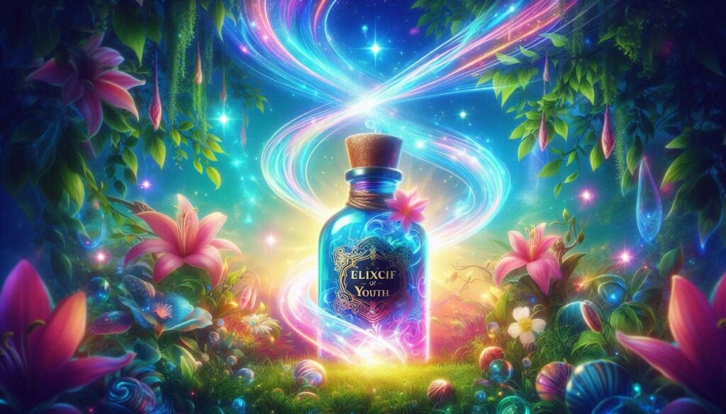 Uprostred je fľaša a na nej je nápis po anglicky ELIXIR of YOU. Pozadie obrázka je tvorené peknými kvetmi.